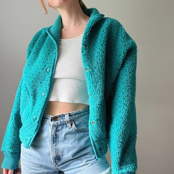 Vintage LL Bean Teal Fuzzy Teddy Button Up Jacket - Picture 1 of 7